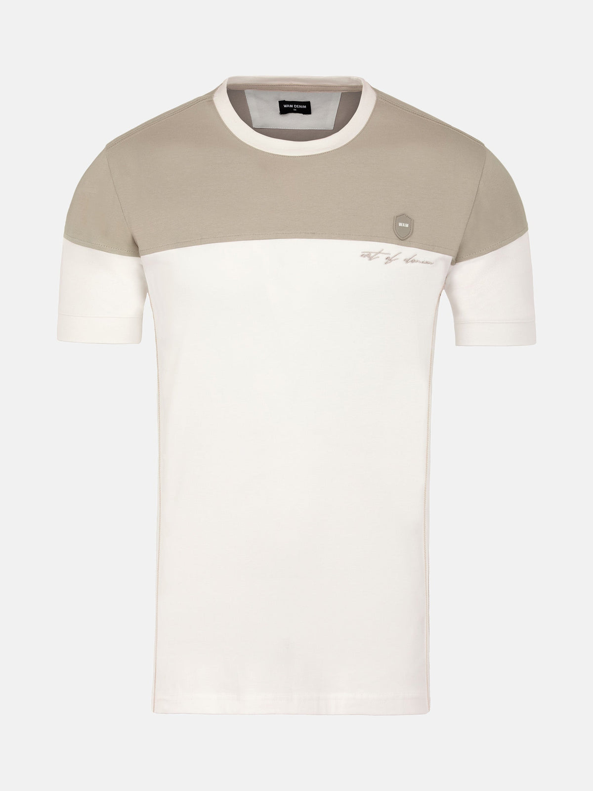 Off-white men’s T-shirt with beige panel design and short sleeves by Wam Denim