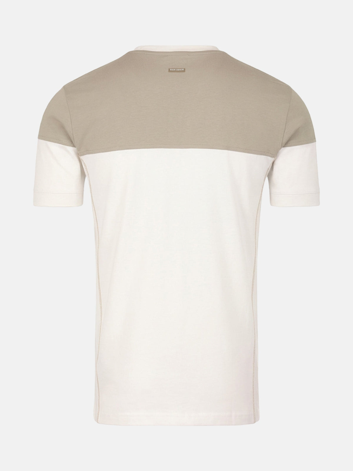 Back view of off-white men’s T-shirt with beige shoulder panel and short sleeves