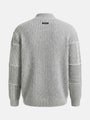 Back view of light grey men’s knitwear sweater with ribbed texture and panel details.