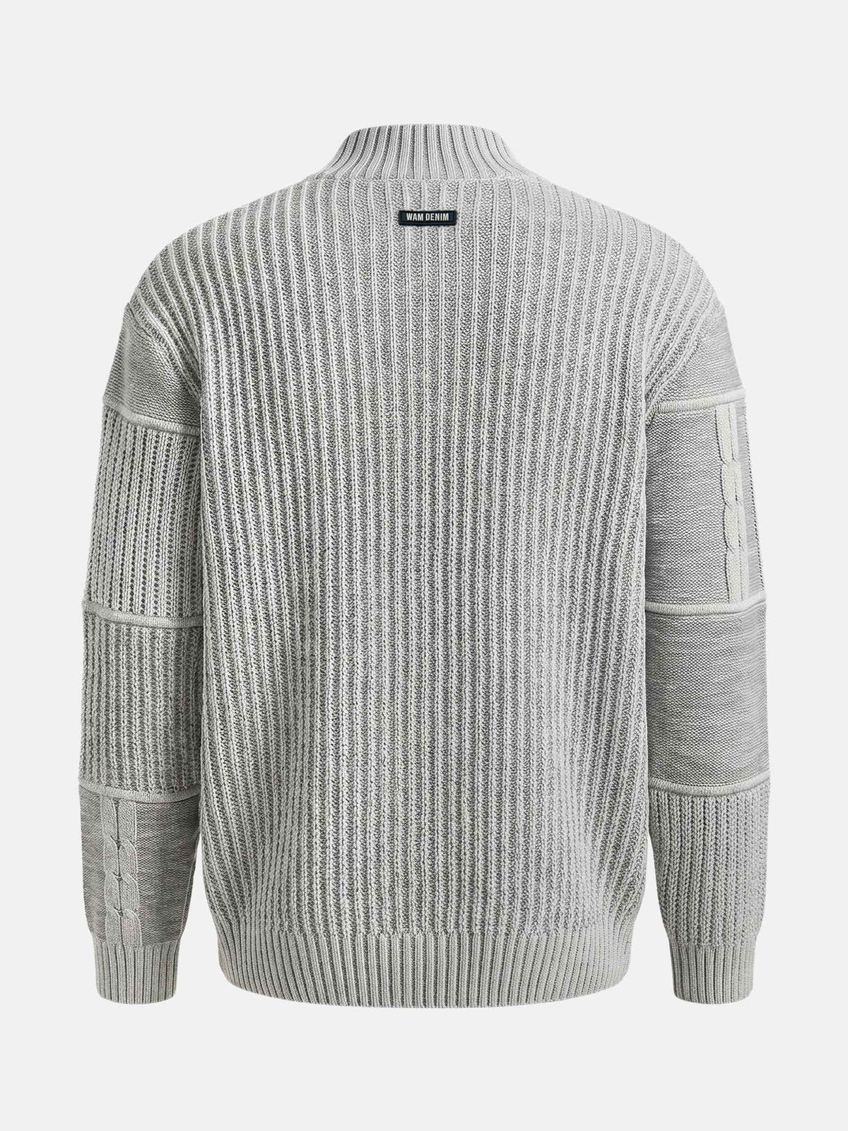 Back view of light grey men’s knitwear sweater with ribbed texture and panel details.