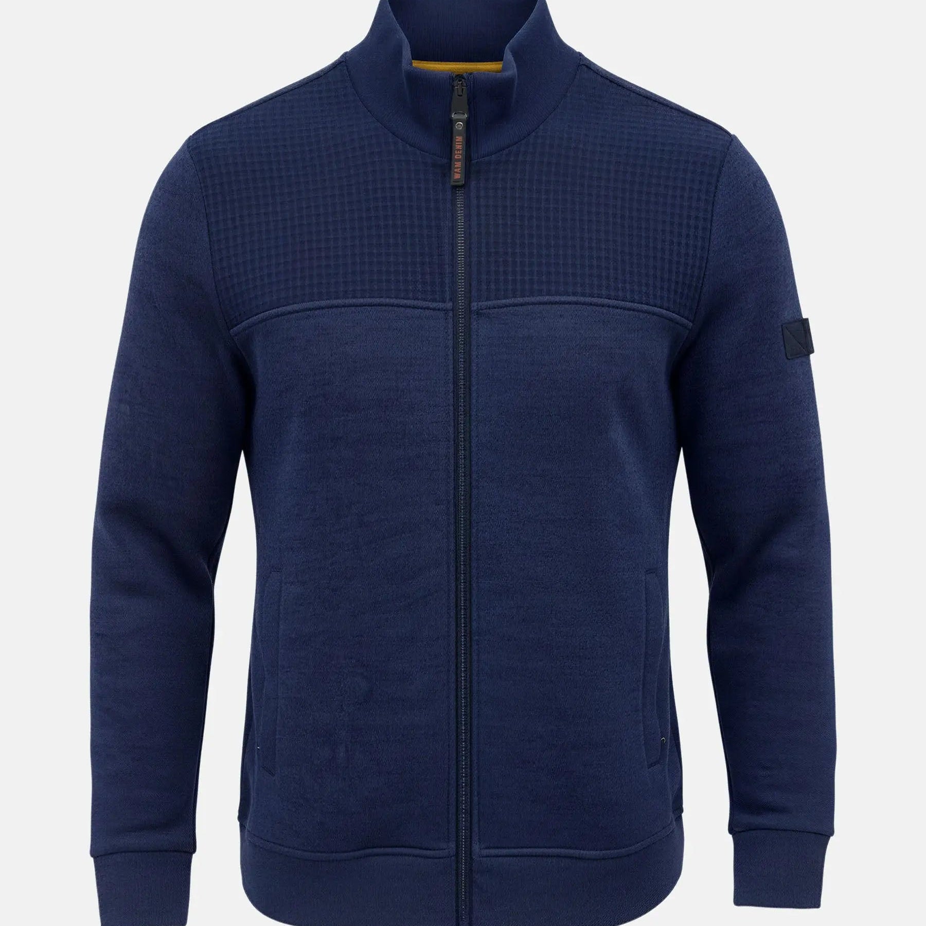 Full-zip men’s jacket with textured upper panel, Fletcher Light Indigo vest style.