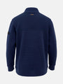 Back view of navy full-zip men’s jacket with textured upper panel for Fletcher Indigo.