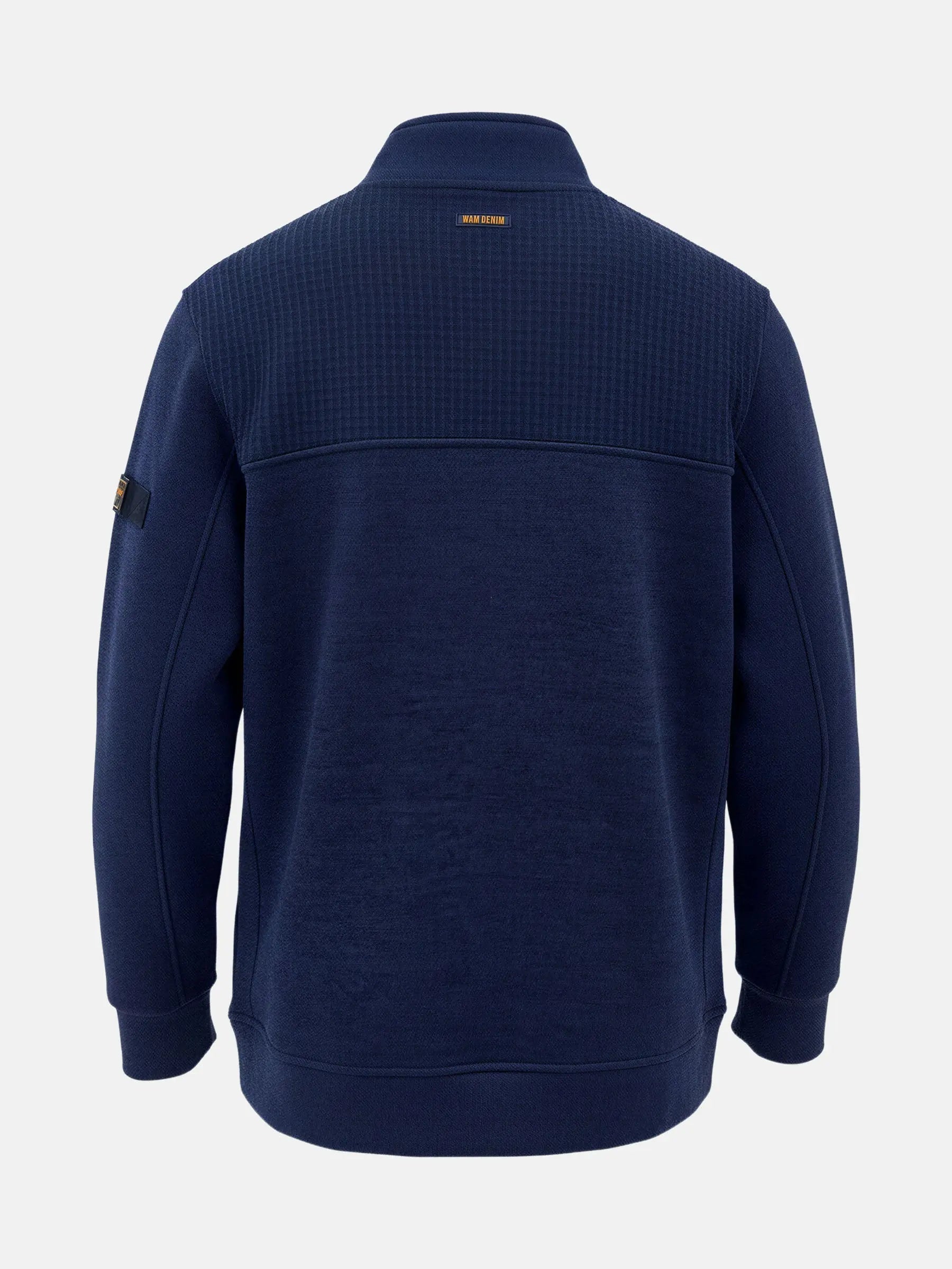 Back view of navy full-zip men’s jacket with textured upper panel for Fletcher Indigo.