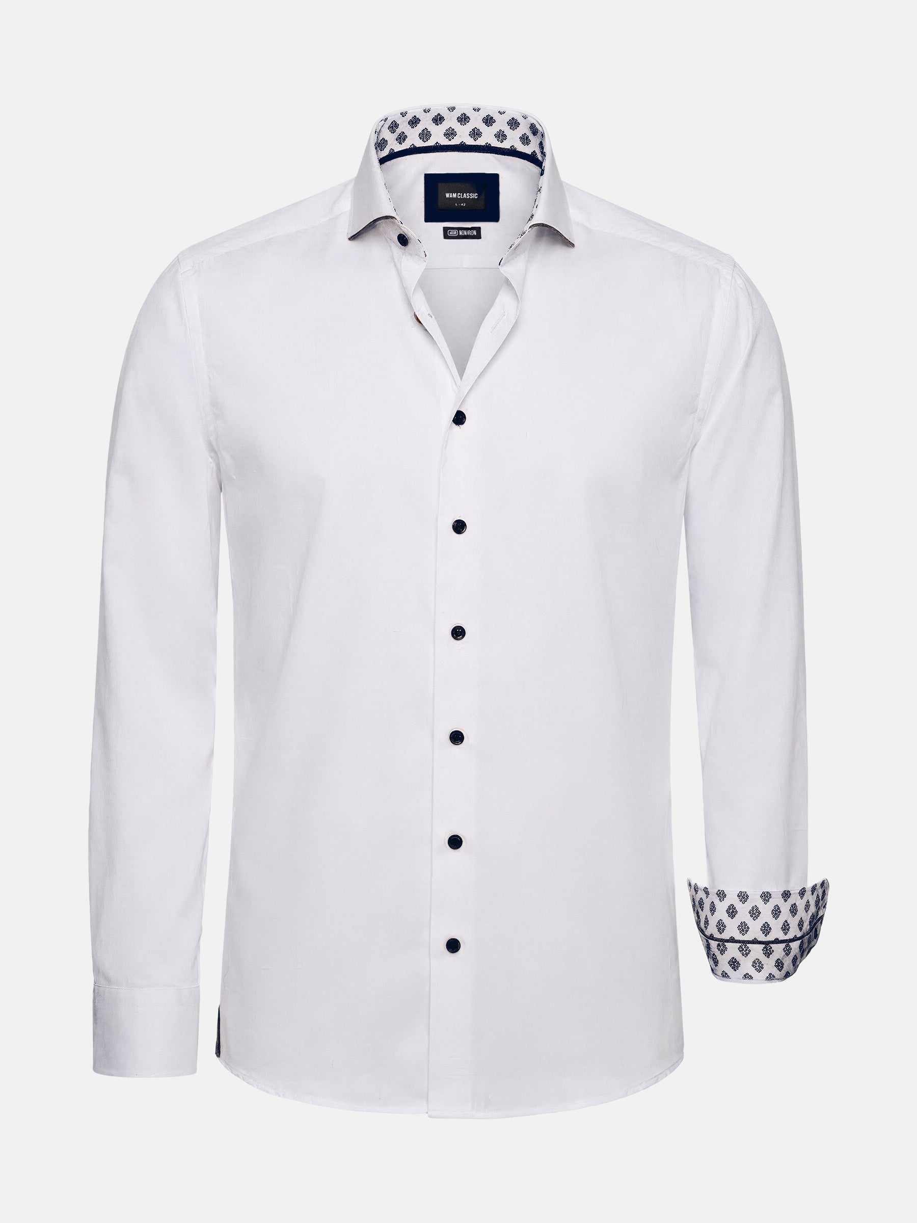 White slim fit men’s dress shirt with patterned collar and cuffs
