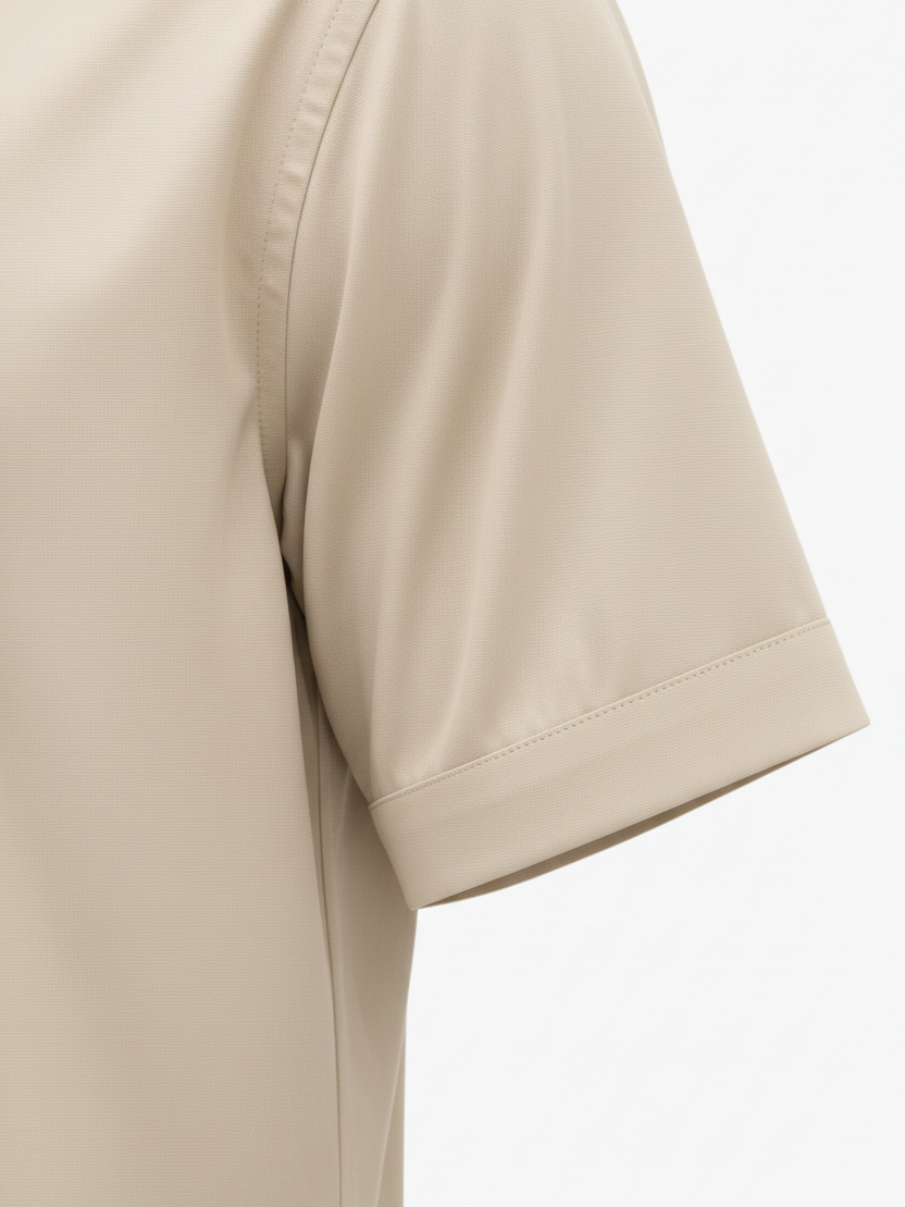 Wam Denim Brylor Beige Shirt – short sleeve and hem detail with dark button