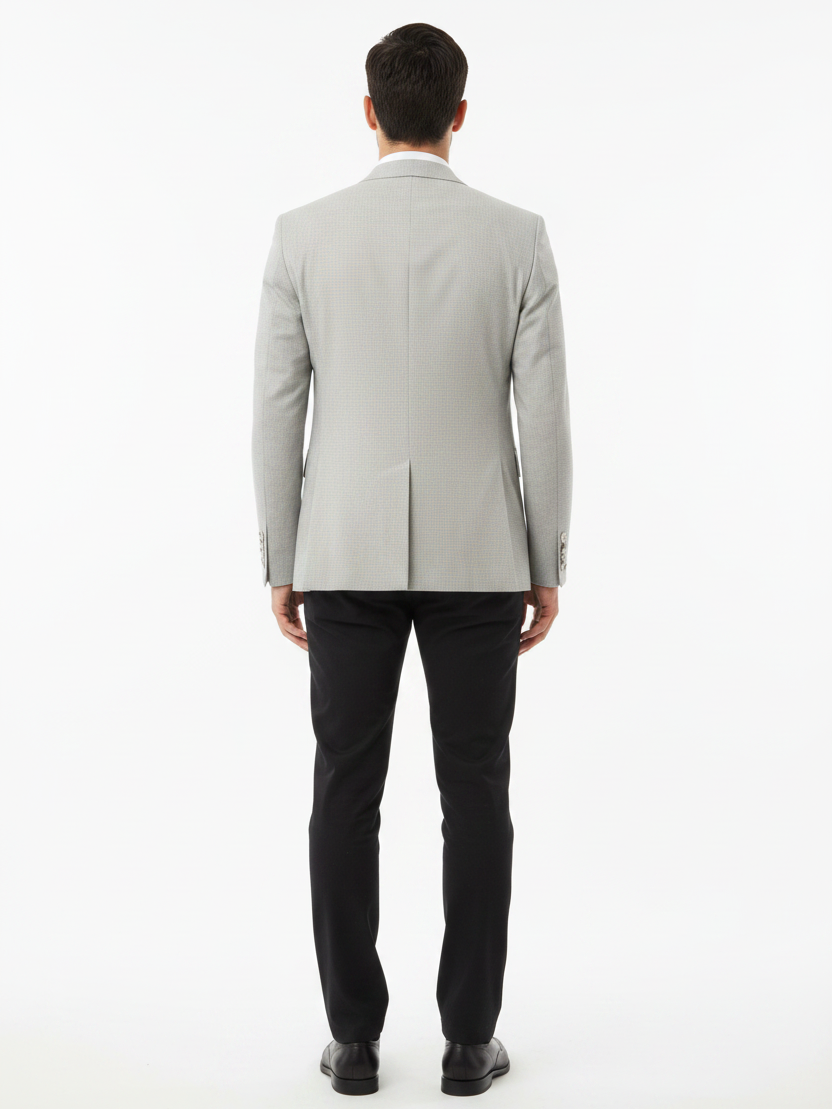 Back view - light grey micro-check blazer on model