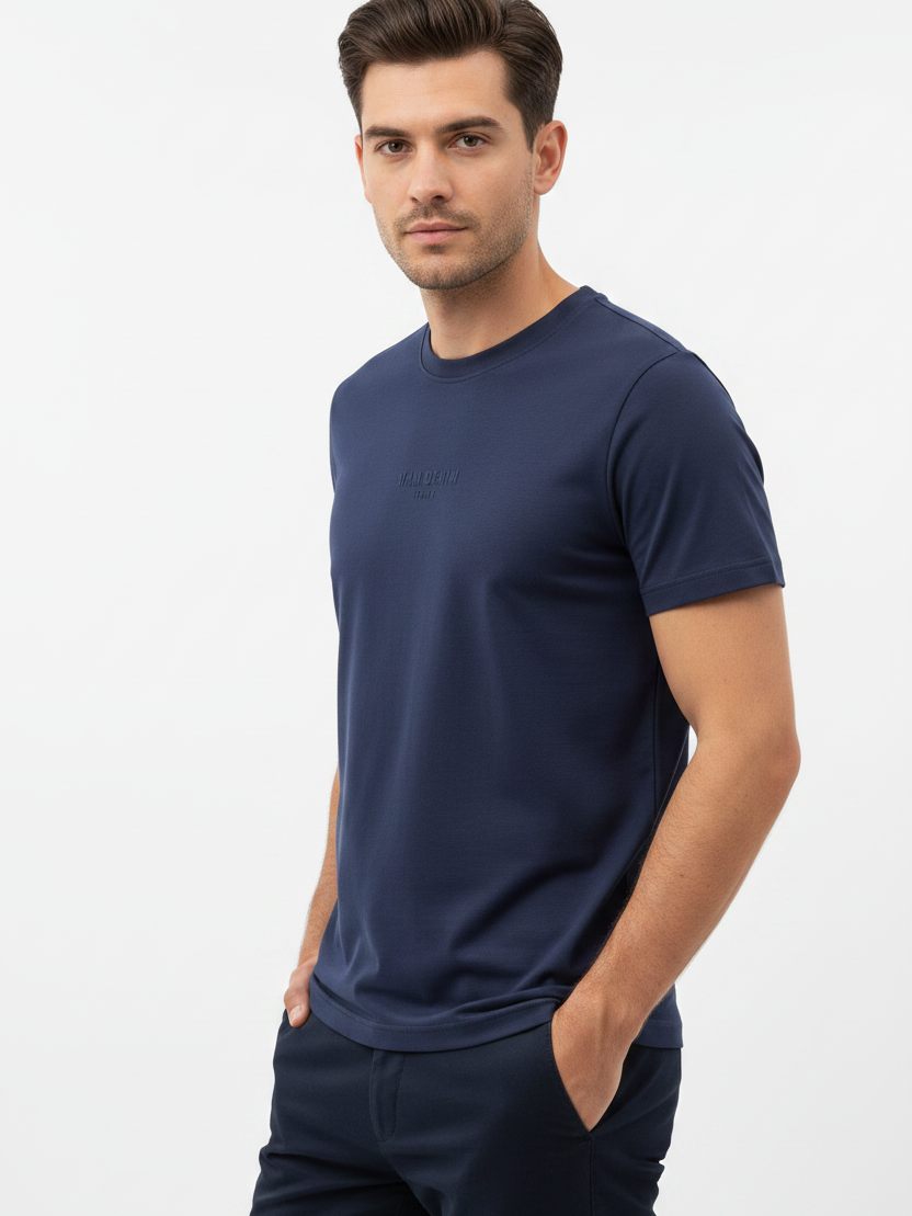 Wam Denim Cromer Navy T-shirt – three-quarter view on model