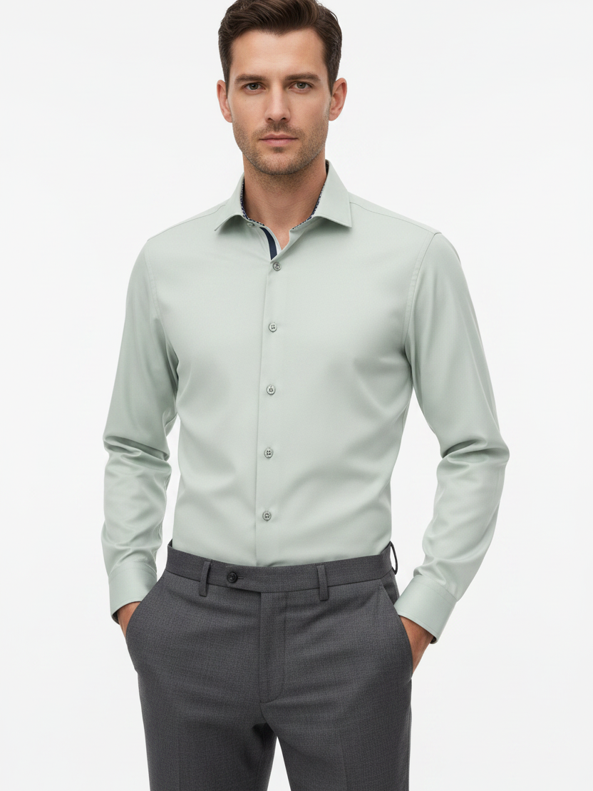 Wam Denim Kalden Light Menthol Long Sleeve Shirt – model front view, tucked in