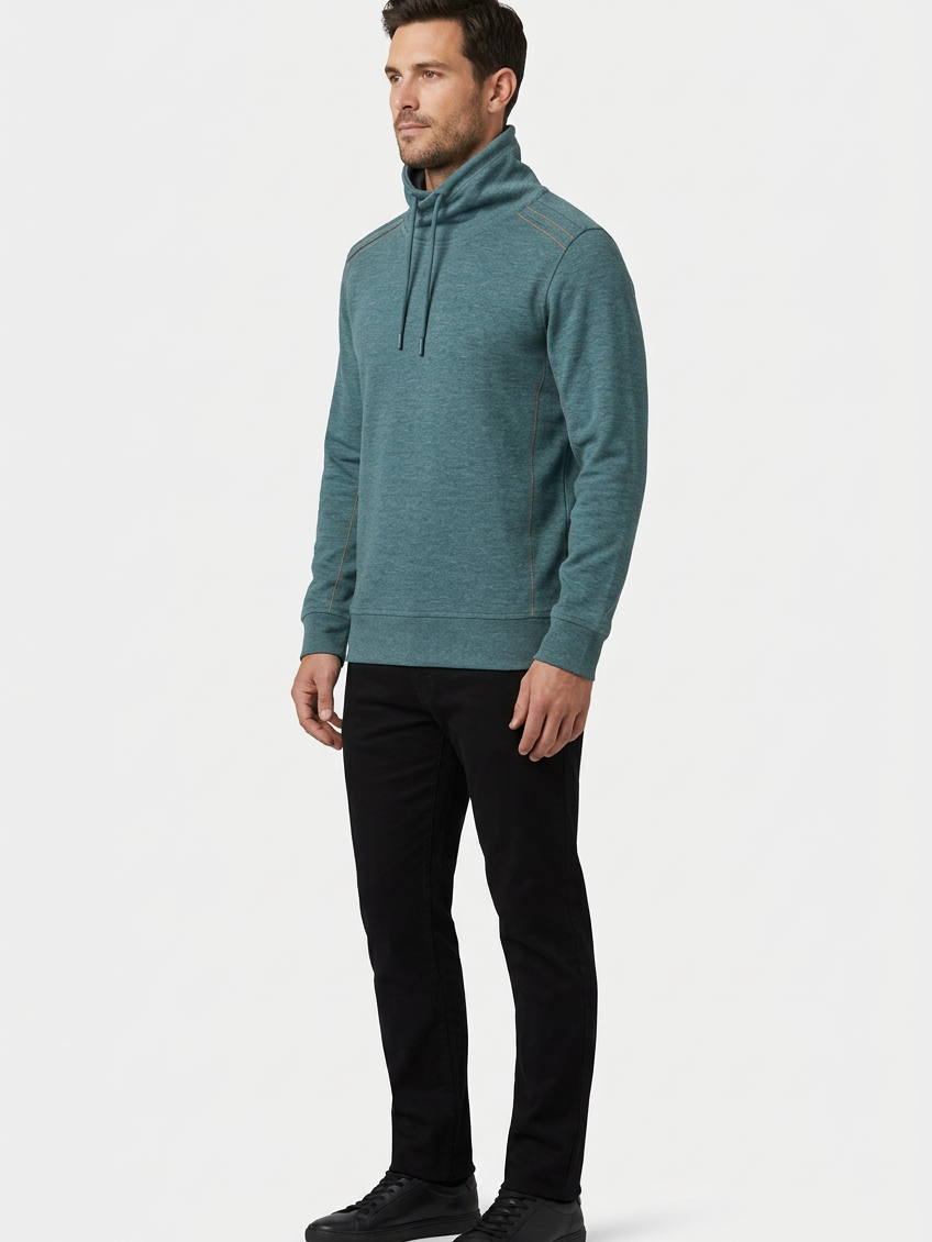 Malvik Petrol sweater on model, side view