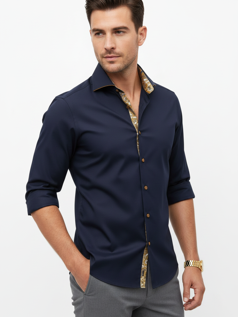 Wam Denim Ordin Navy Long Sleeve Shirt – three-quarter view on model