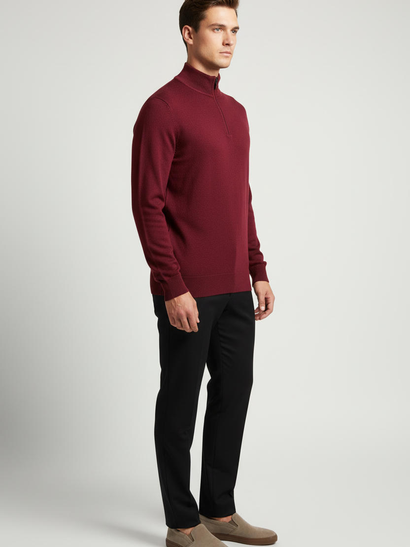 Side view of a male model wearing the Wam Denim Lux dark-red mock-neck sweater
