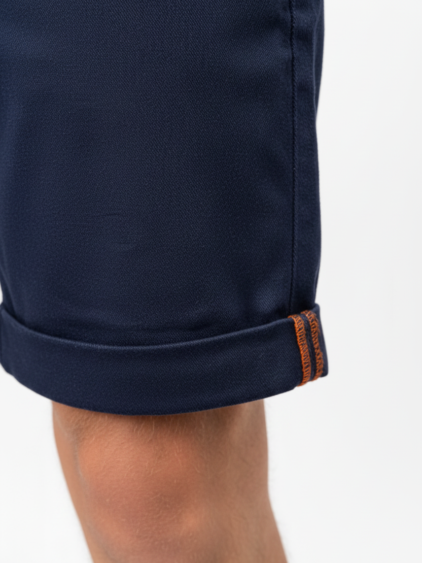 Wam Denim Kelden Navy Chino Shorts – turned-up cuff hem with orange accent stitching detail