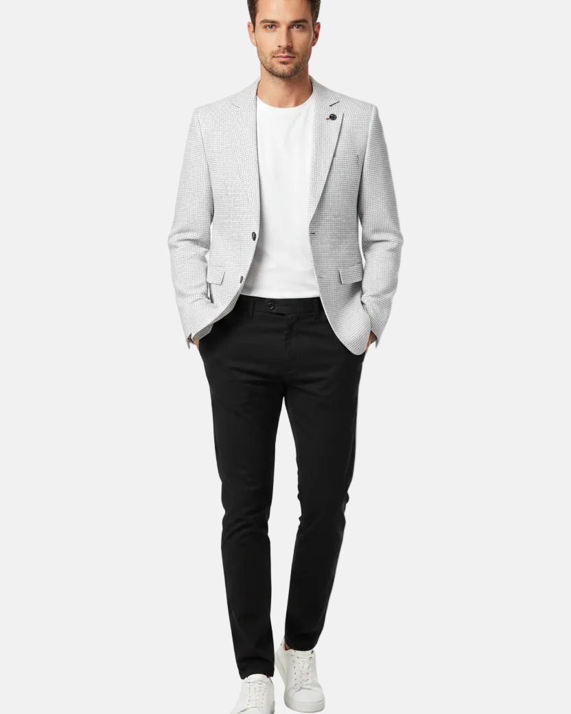 Front view - white textured blazer on model