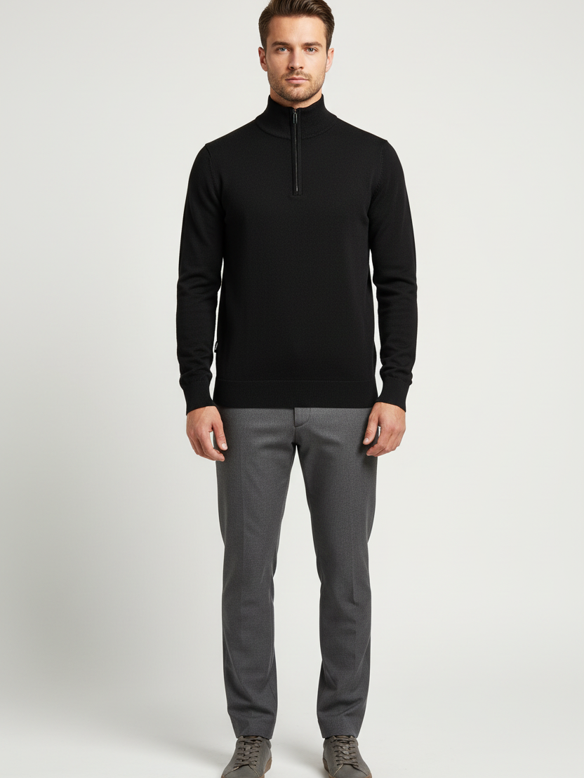 Close view of the ribbed stand collar, quarter zipper and fine-knit texture of the Sharp black sweater
