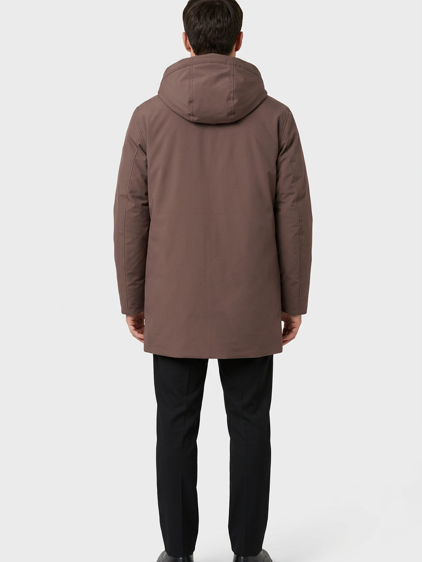 Hudson Brown winter jacket on model, back view