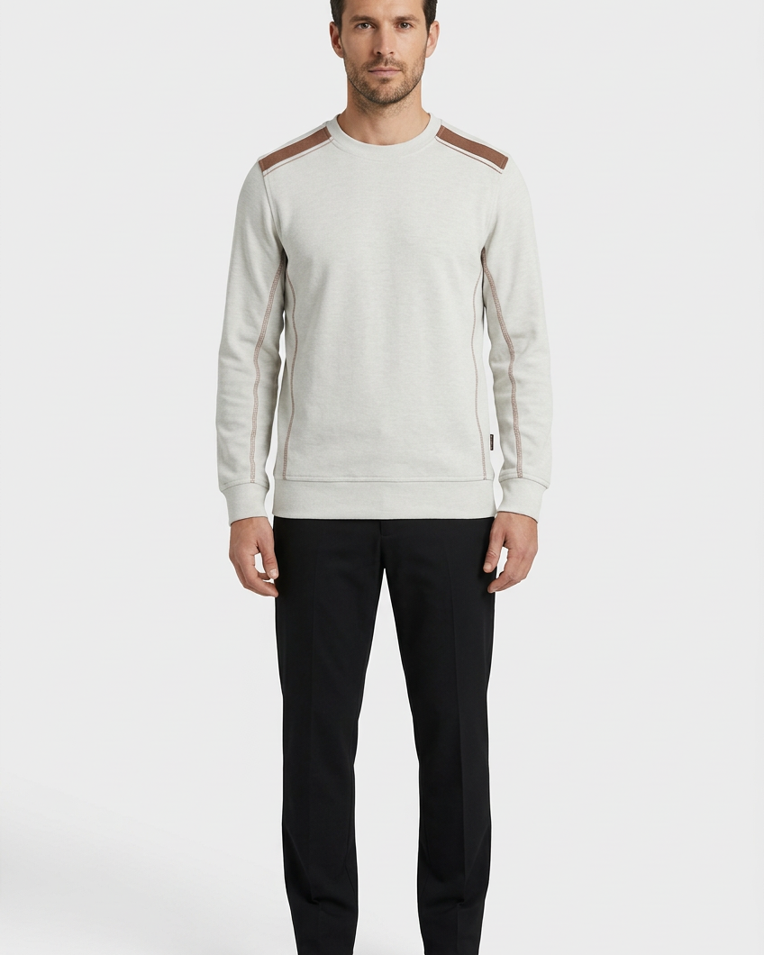 Vurden Grey sweater on model, front view