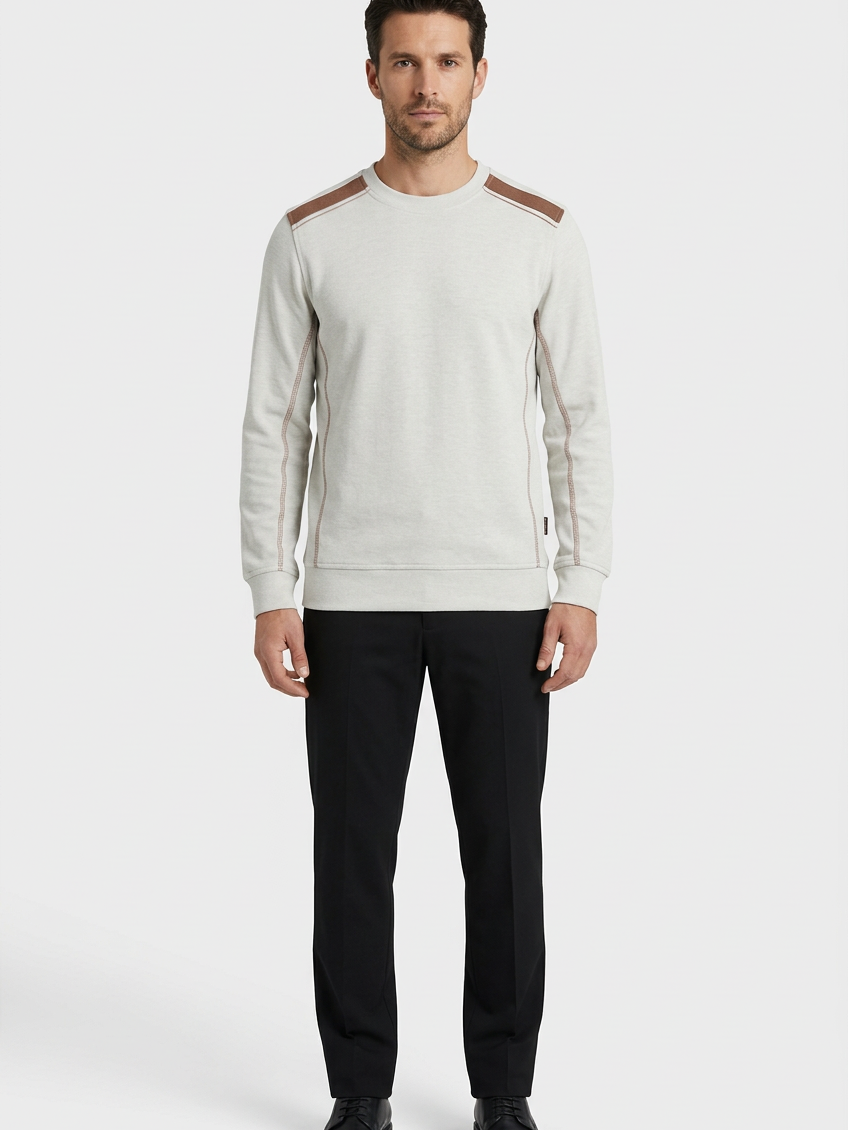 Vurden Grey sweater on model, front view
