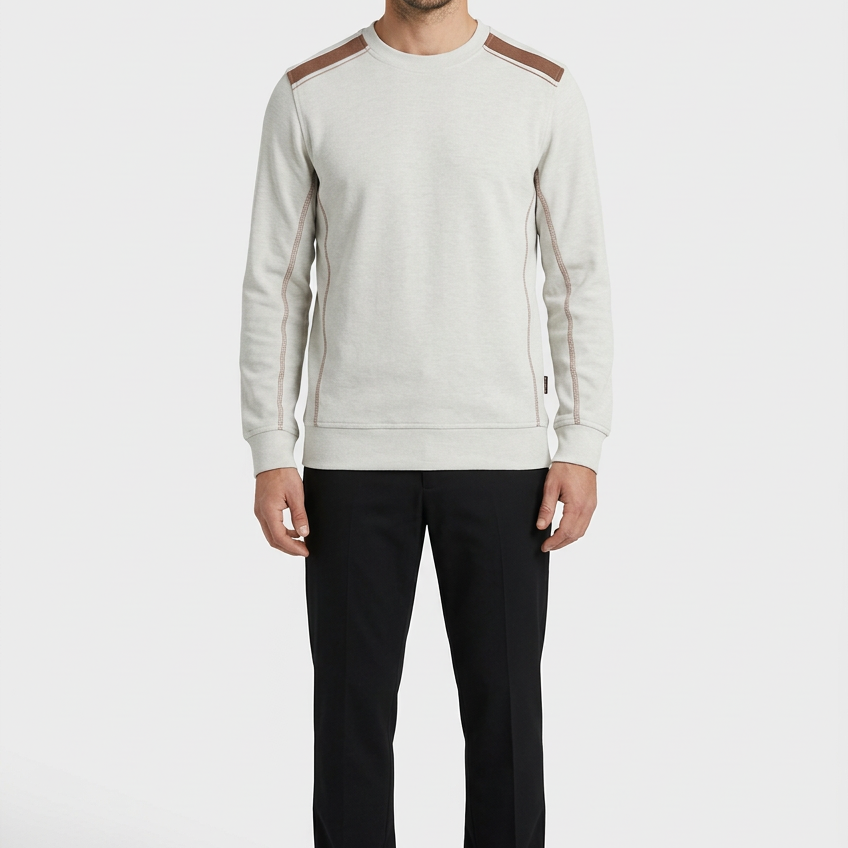 Vurden Grey sweater on model, front view
