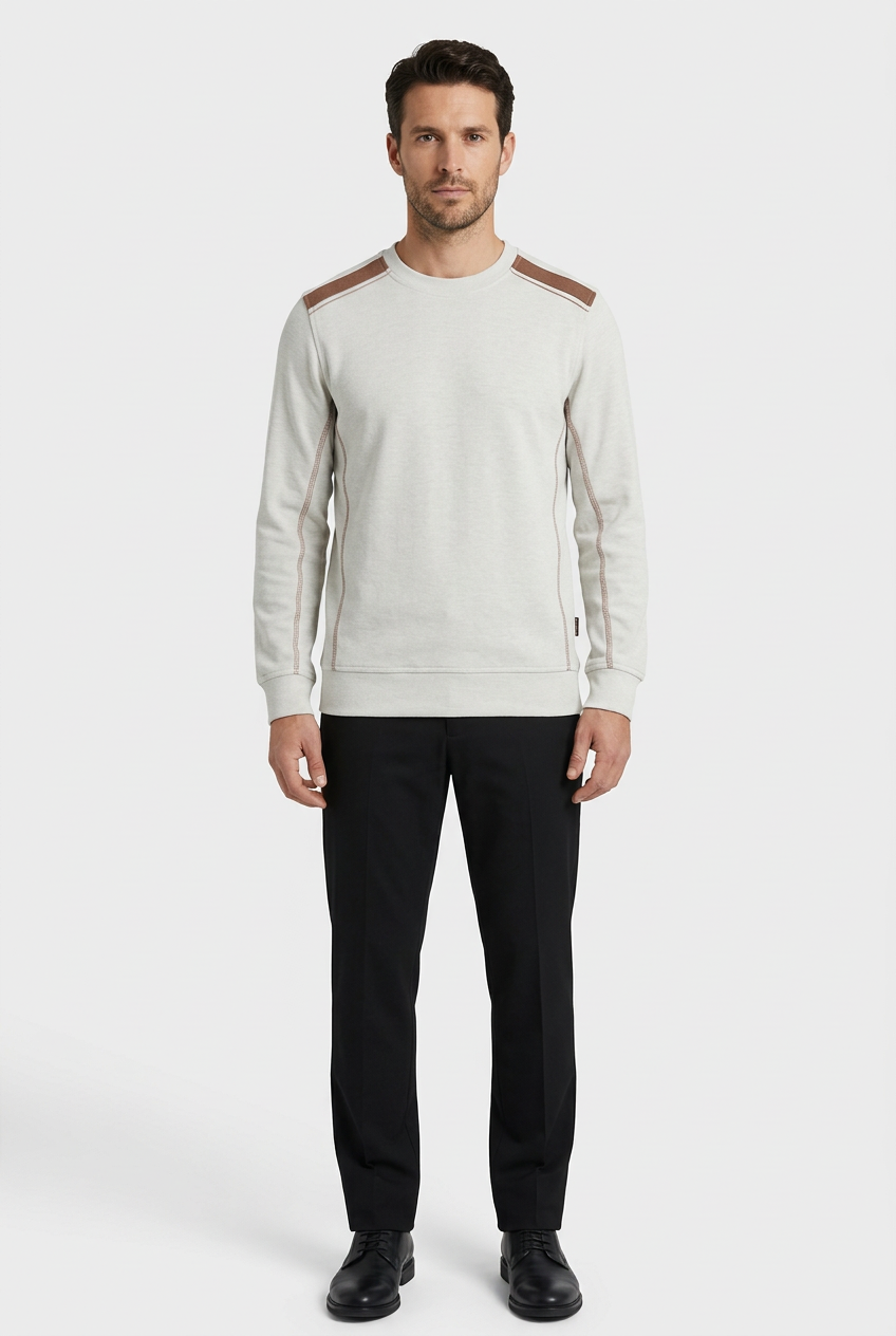 Vurden Grey sweater on model, front view