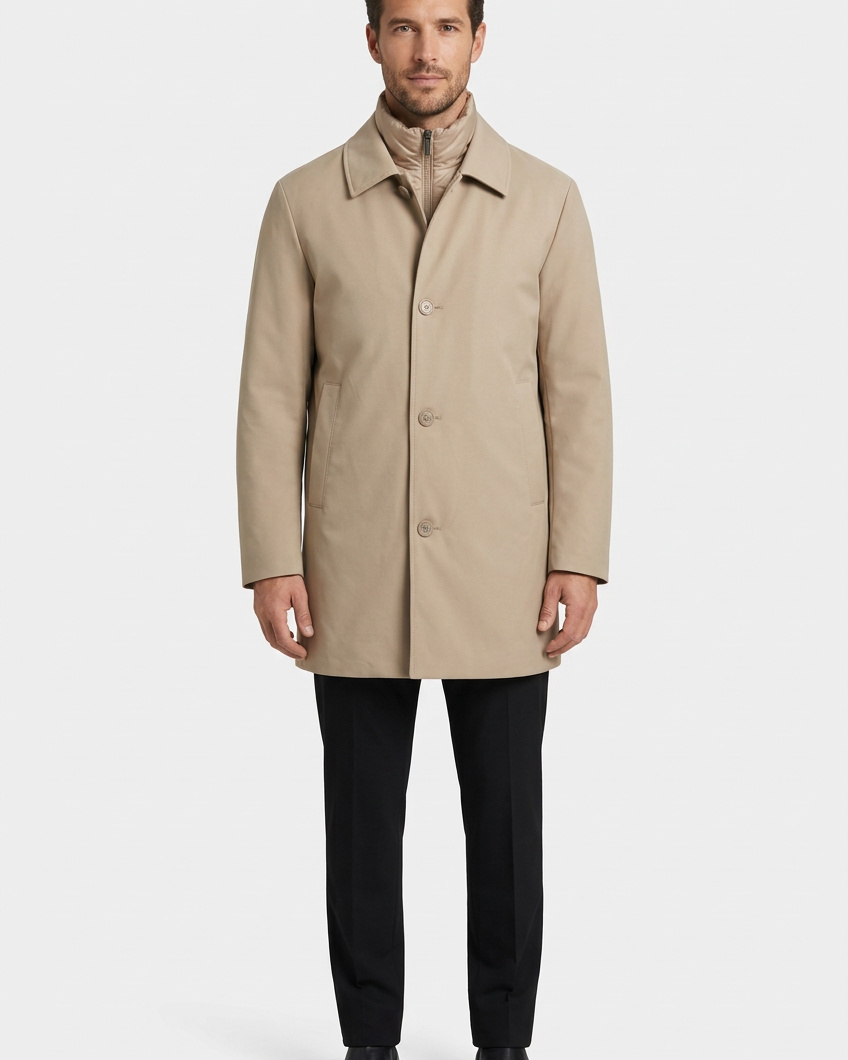 Model wearing beige coat, front view
