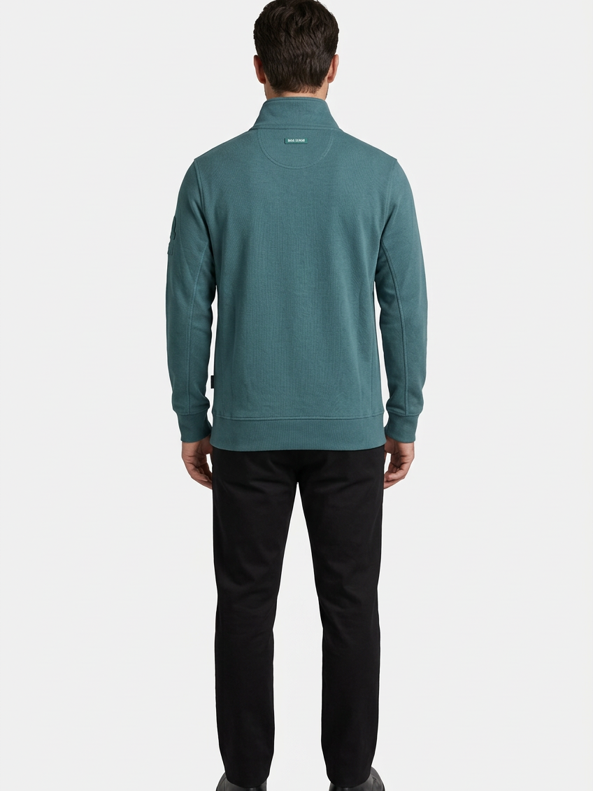 Nerik Petrol sweater on model, back view