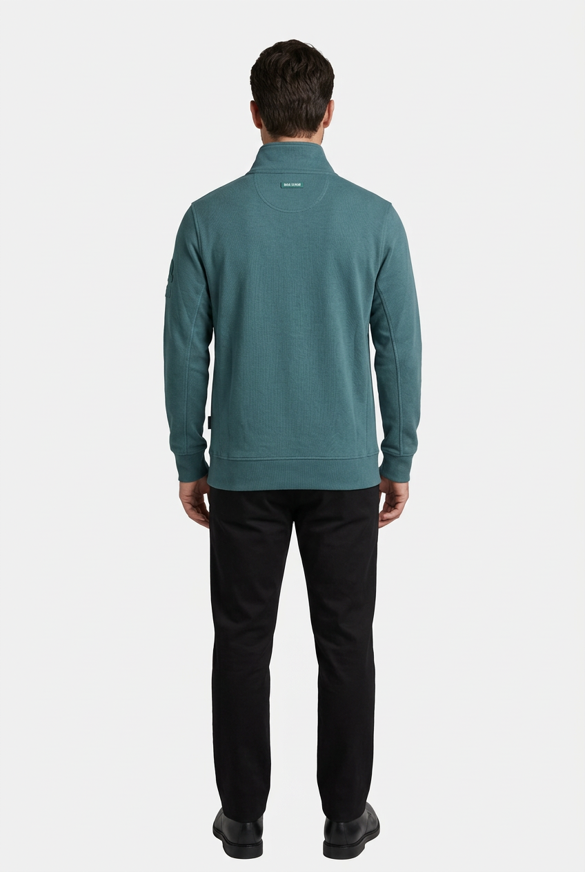 Nerik Petrol sweater on model, back view