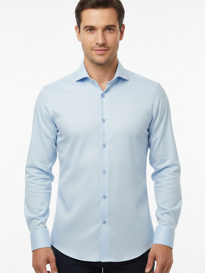Upper body front - light blue shirt first button open