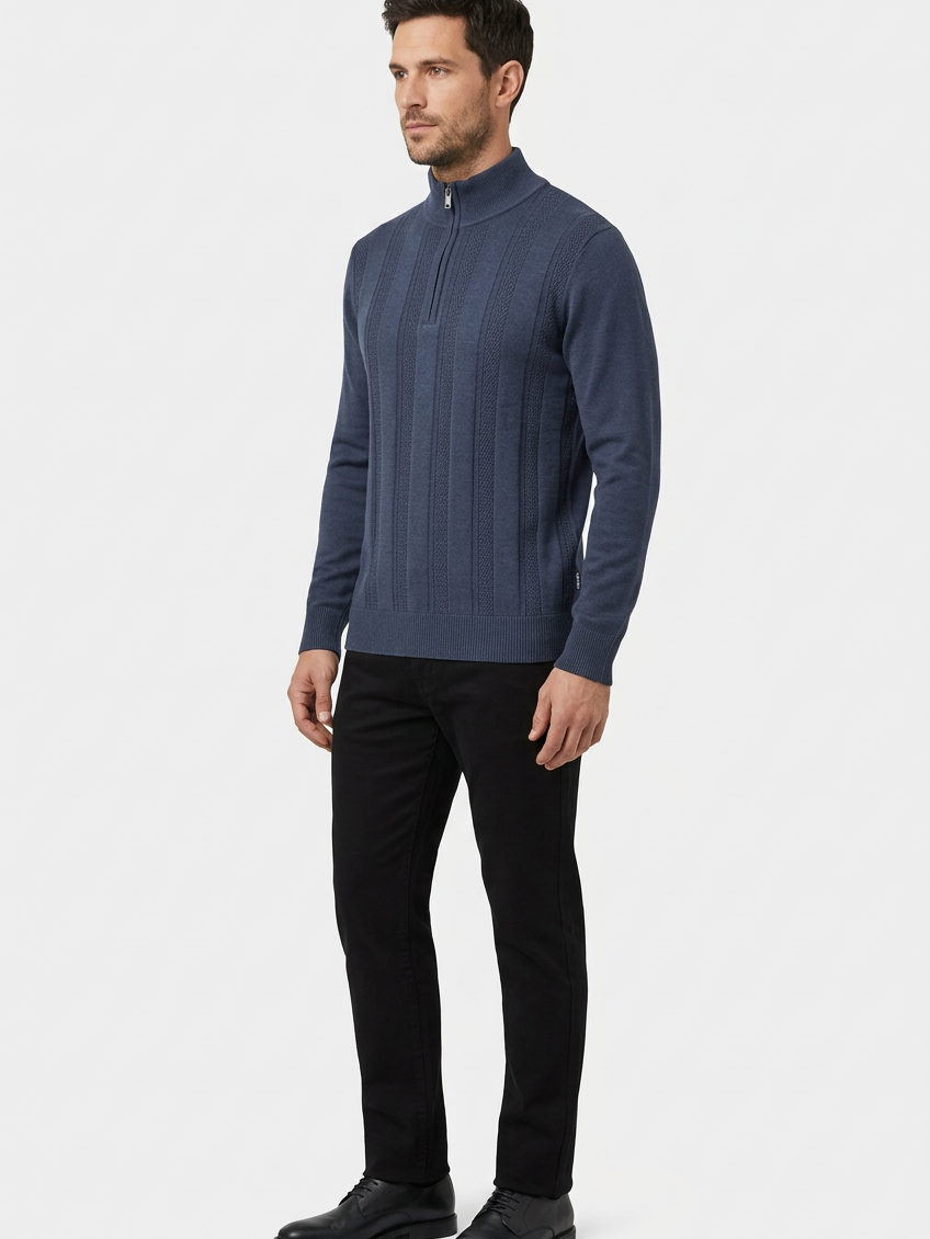 Mist Navy pullover on model, side view