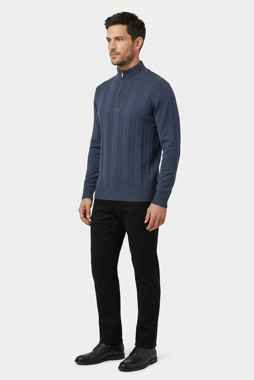 Mist Navy pullover on model, side view