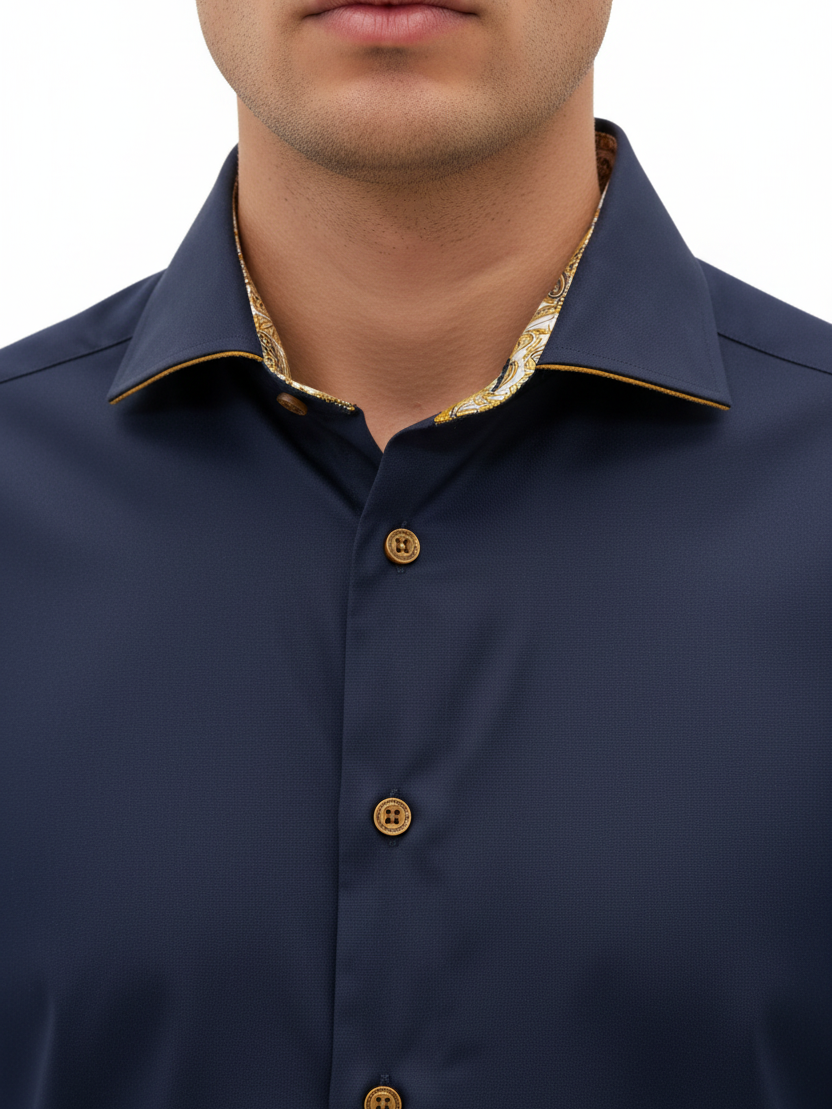 Wam Denim Ordin Navy Shirt – spread collar with gold paisley inner lining close-up