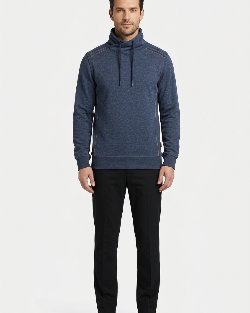 Malvik Navy sweater on model, front view