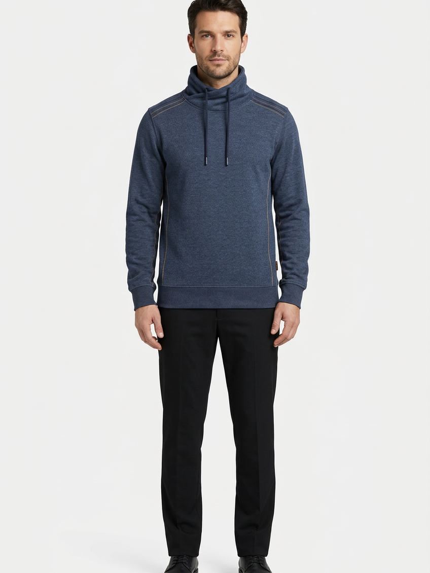 Malvik Navy sweater on model, front view