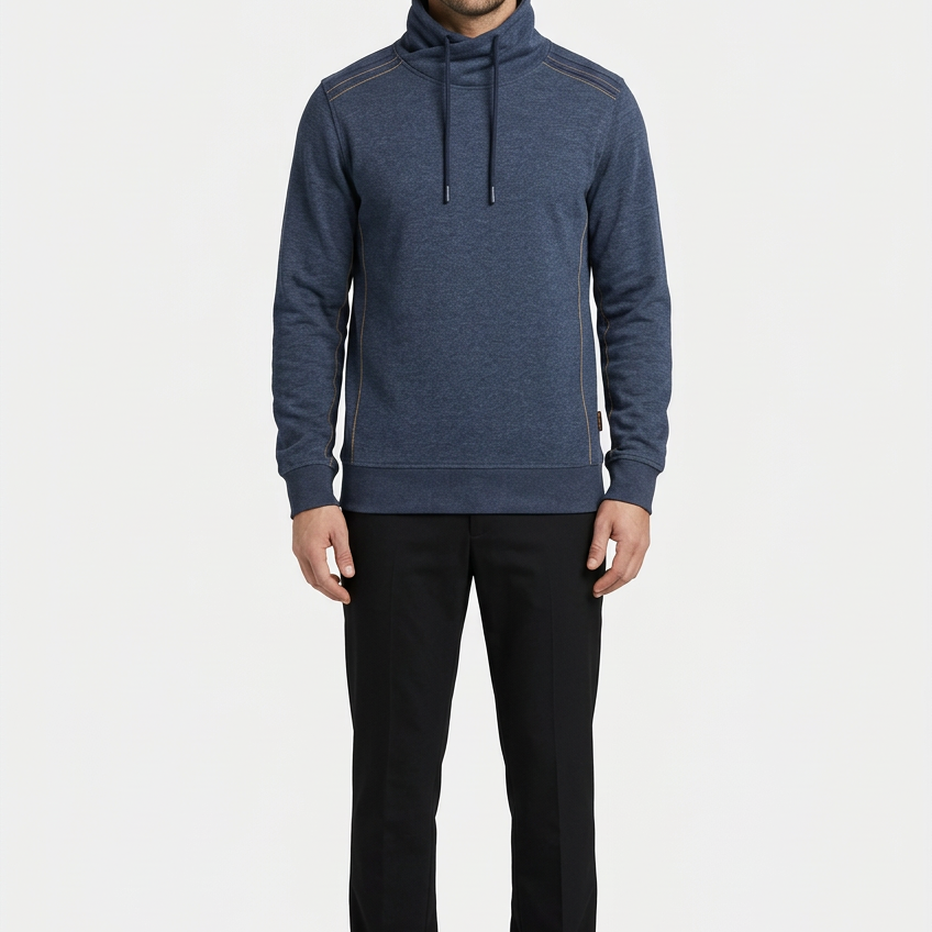 Malvik Navy sweater on model, front view