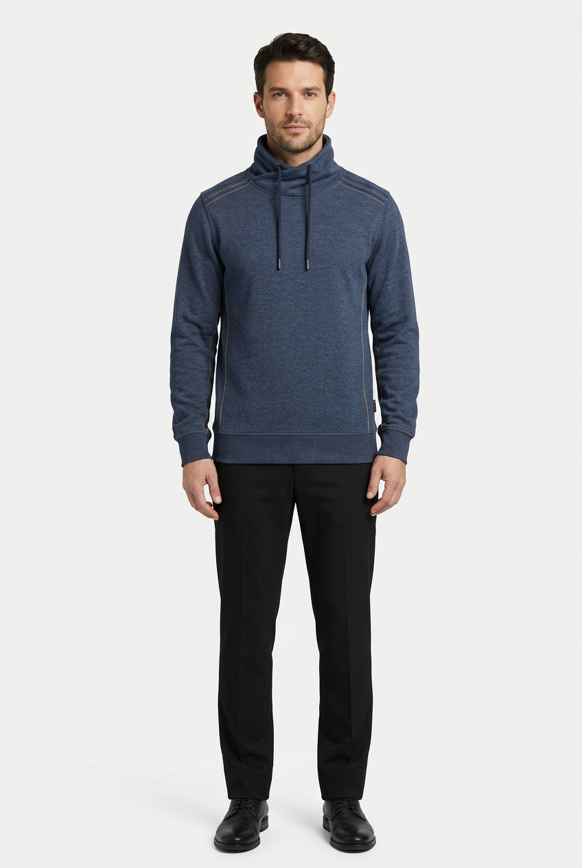 Malvik Navy sweater on model, front view