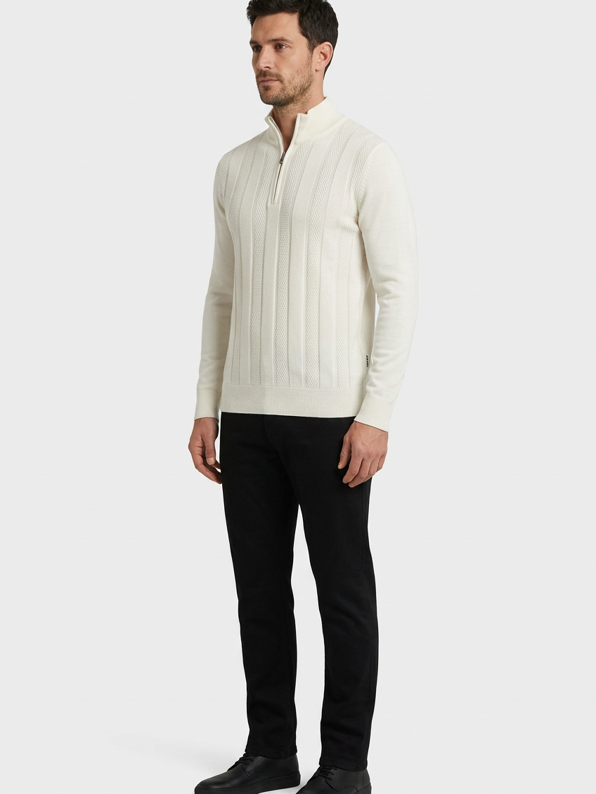 Mist Off White pullover on model, side view