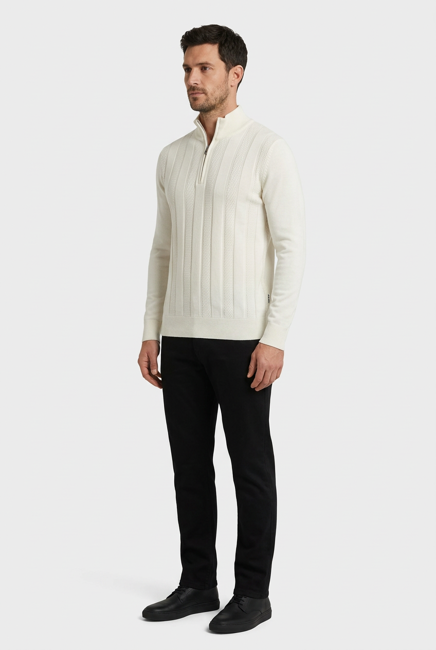 Mist Off White pullover on model, side view