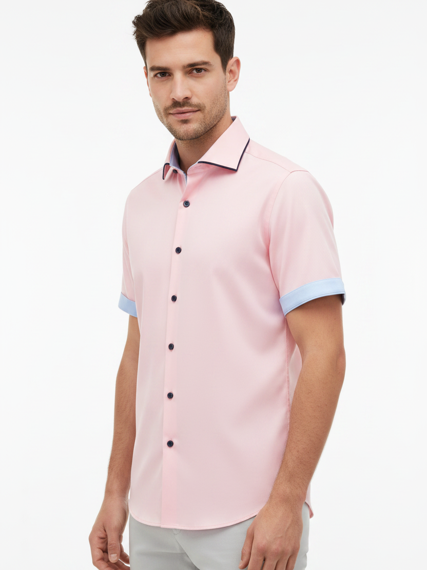 Wam Denim Seldor Pink Short Sleeve Shirt – three-quarter view on model, casual style