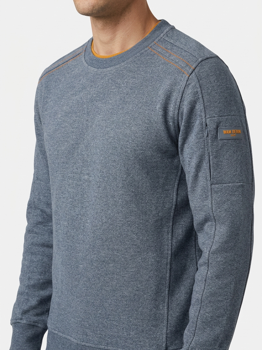 Daelor Blue sweater shoulder stitching and sleeve detail on model