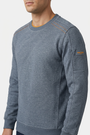 Daelor Blue sweater shoulder stitching and sleeve detail on model