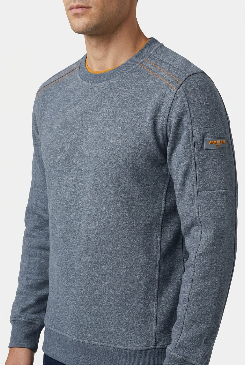 Daelor Blue sweater shoulder stitching and sleeve detail on model