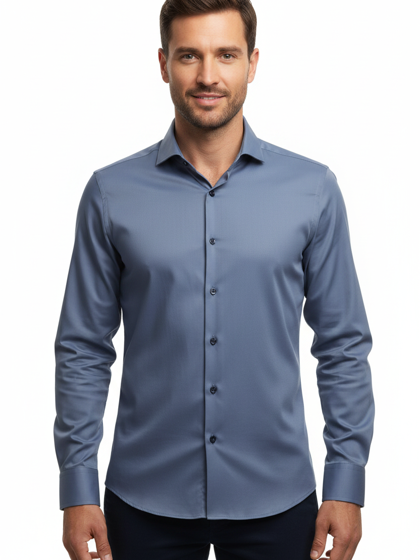 Upper body front - steel blue shirt relaxed pose
