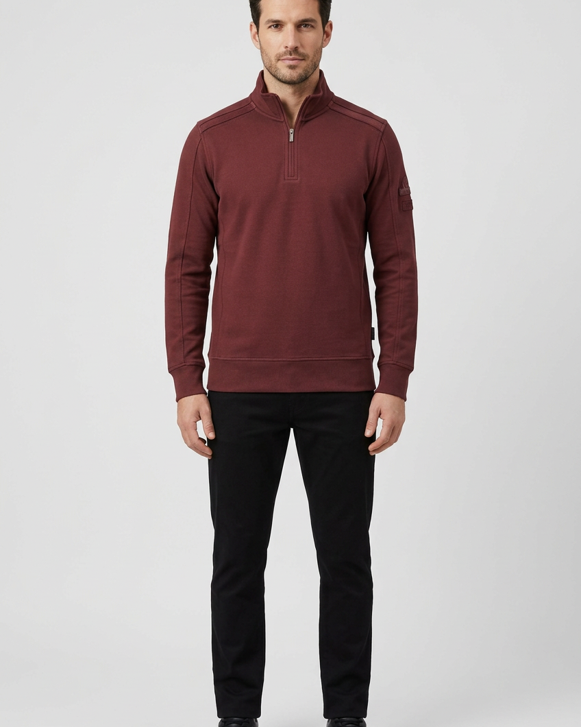 Nerik Dark Brown sweater on model, front view