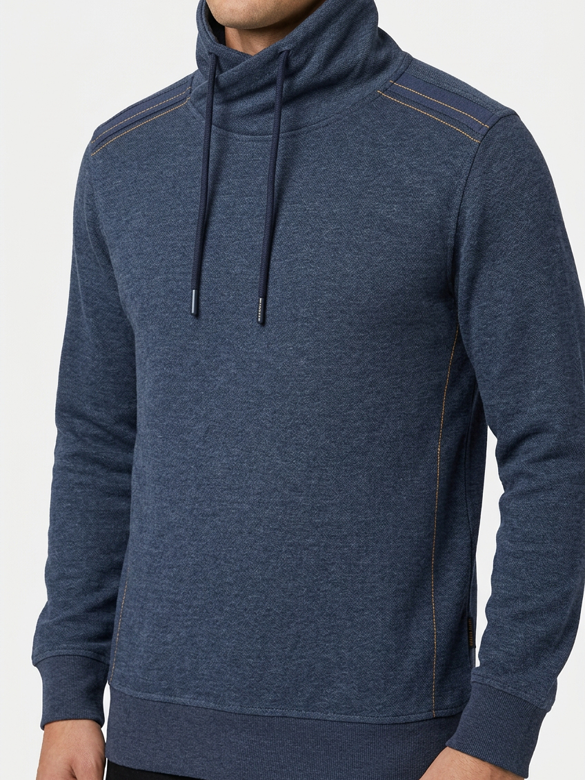 Malvik Navy sweater collar and stitching detail on model