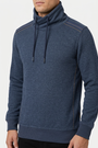 Malvik Navy sweater collar and stitching detail on model