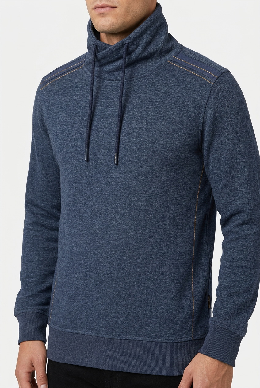 Malvik Navy sweater collar and stitching detail on model