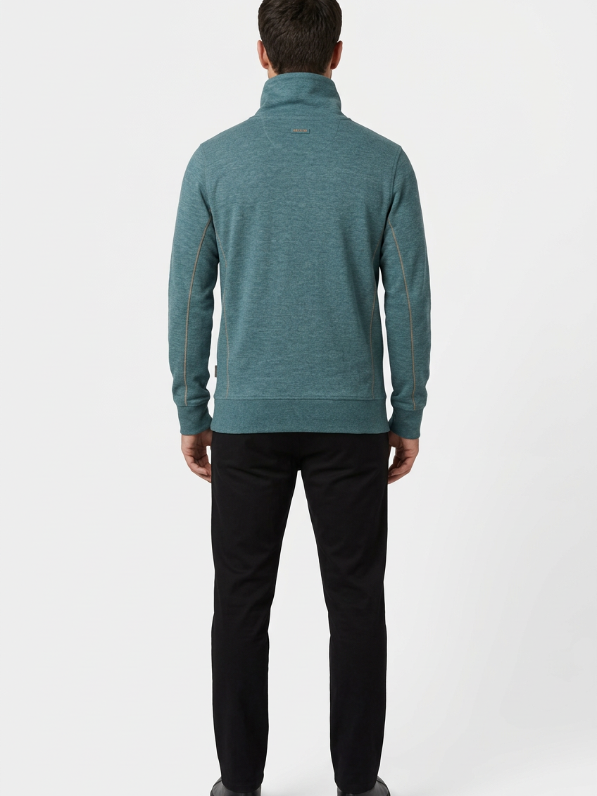 Malvik Petrol sweater on model, back view