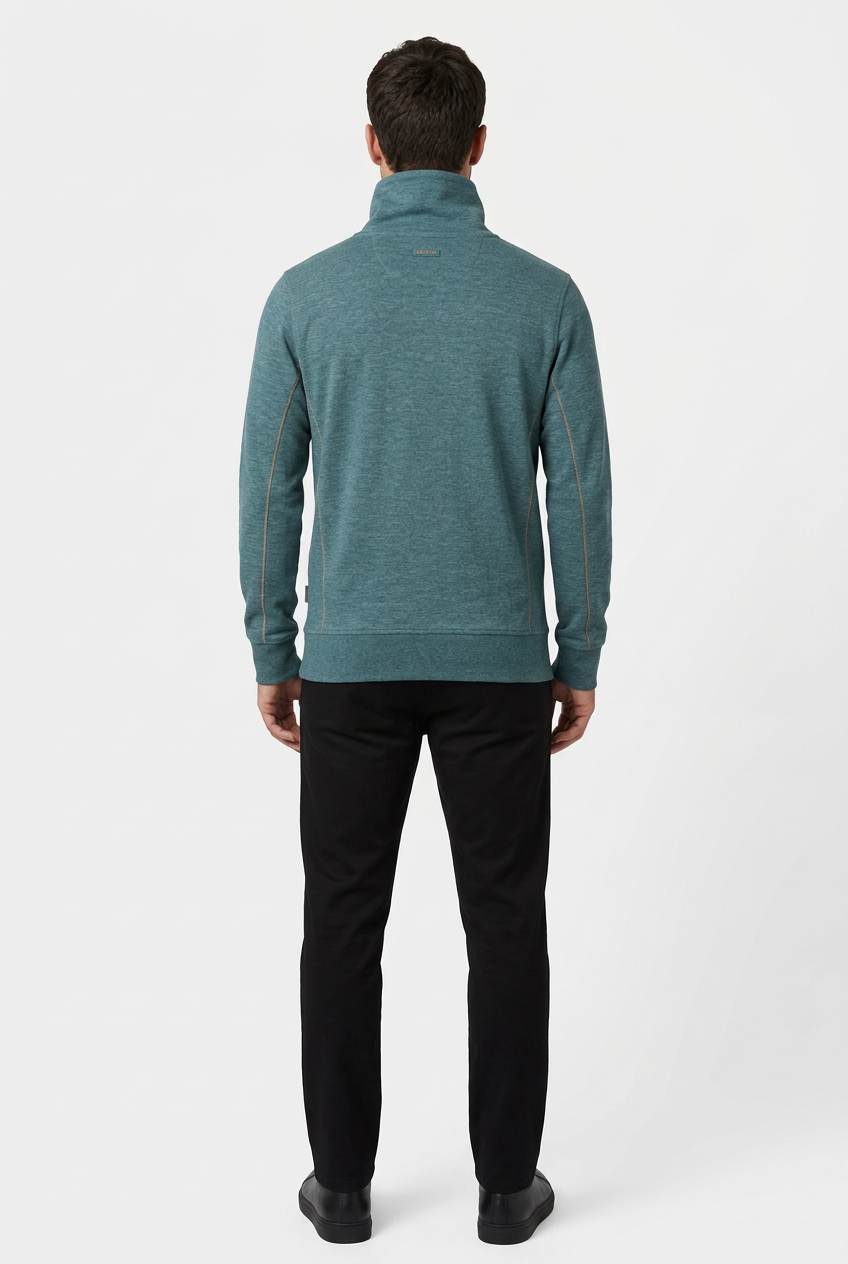 Malvik Petrol sweater on model, back view