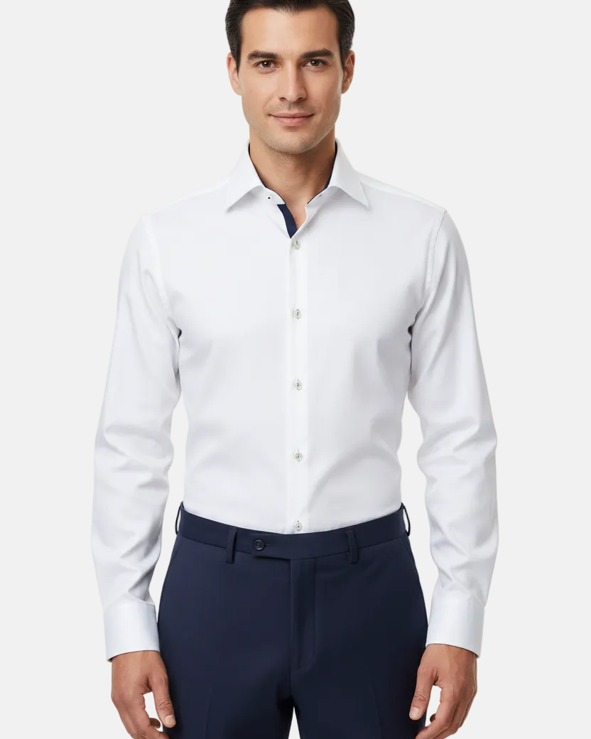 Wam Denim Jenvor White Long Sleeve Shirt – model front view, tucked in