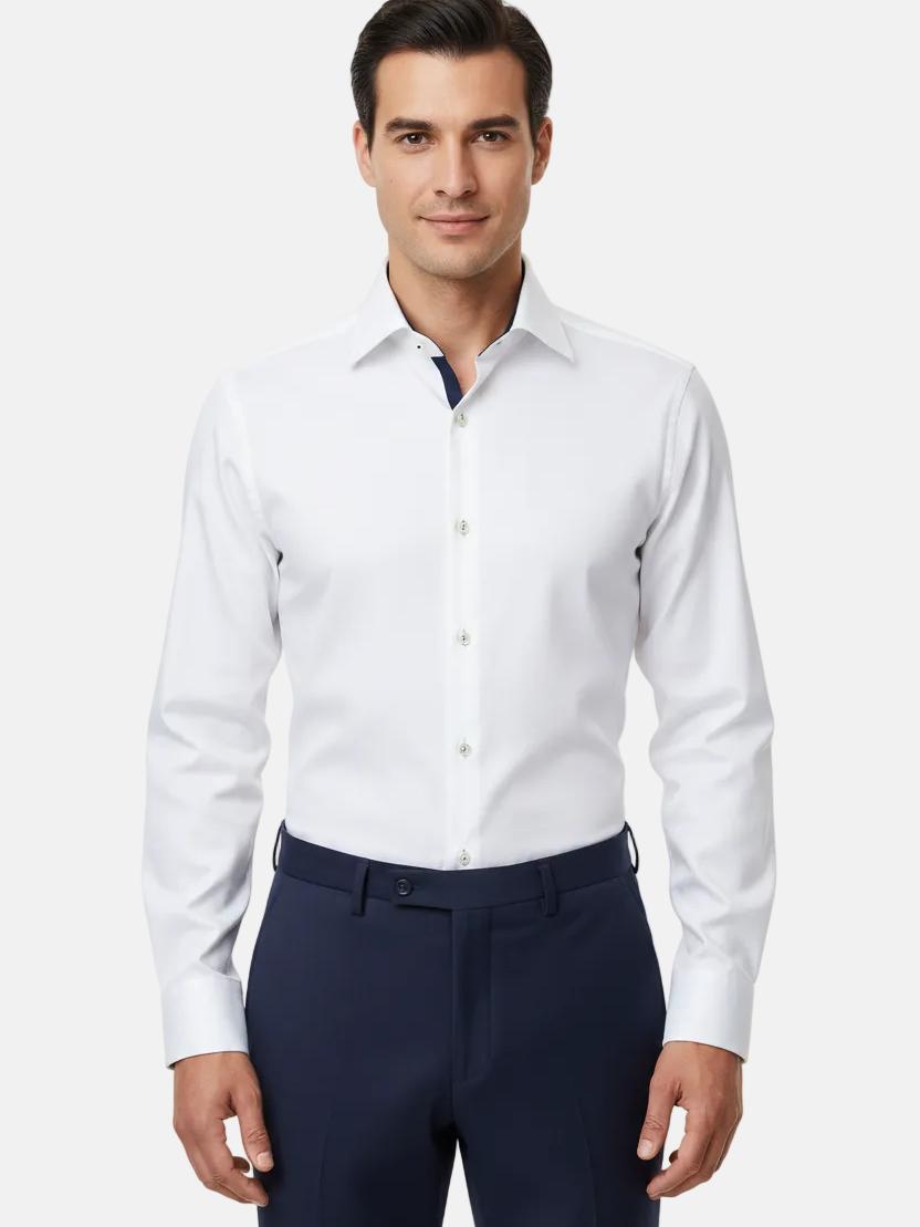 Wam Denim Jenvor White Long Sleeve Shirt – model front view, tucked in