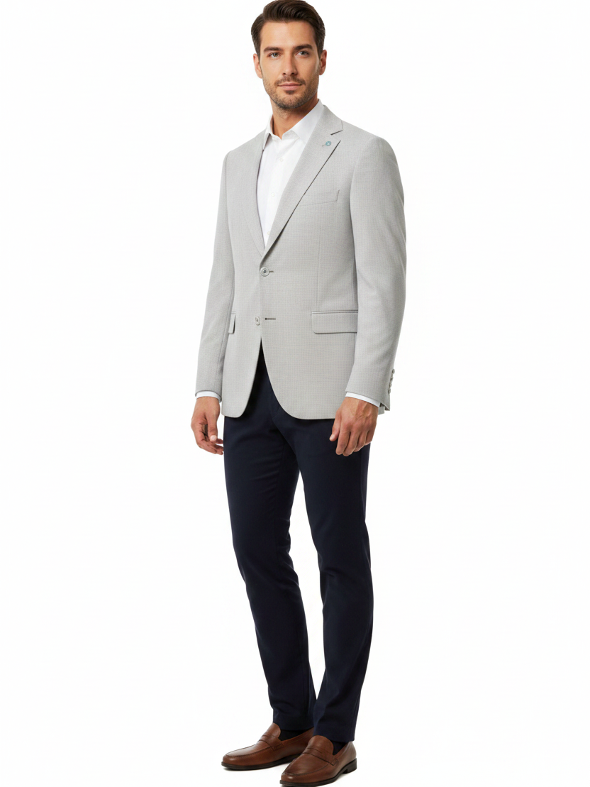 Front 3/4 angle - light grey micro-check blazer on model